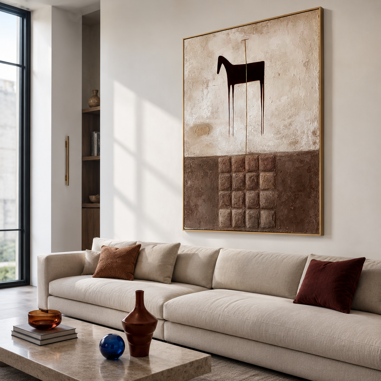 Textured abstract horse wall art with dark horse silhouette, earthy brown blocks, cream beige background