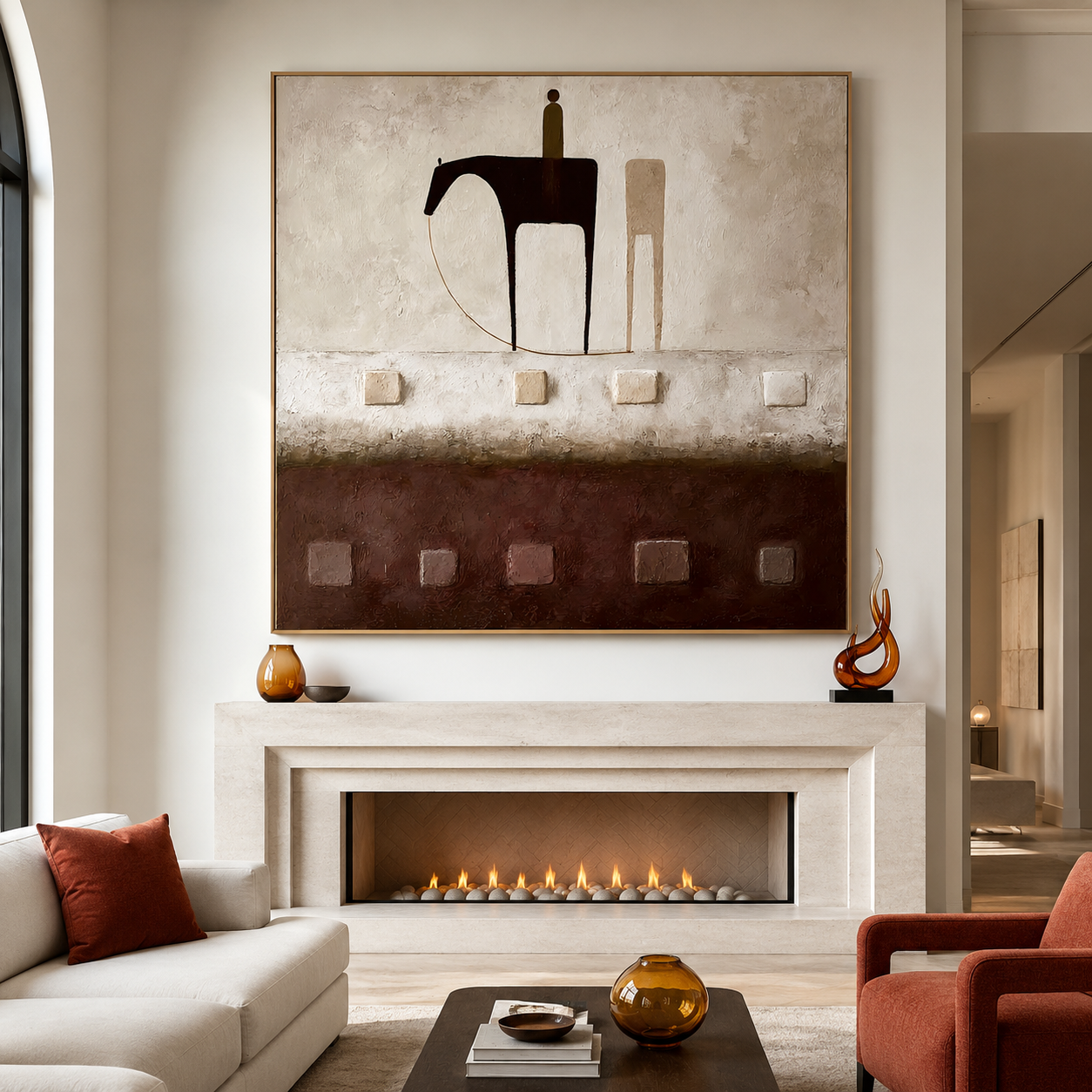 Textured horse and rider wall art with earthy brown tones, cream background, and raised square details