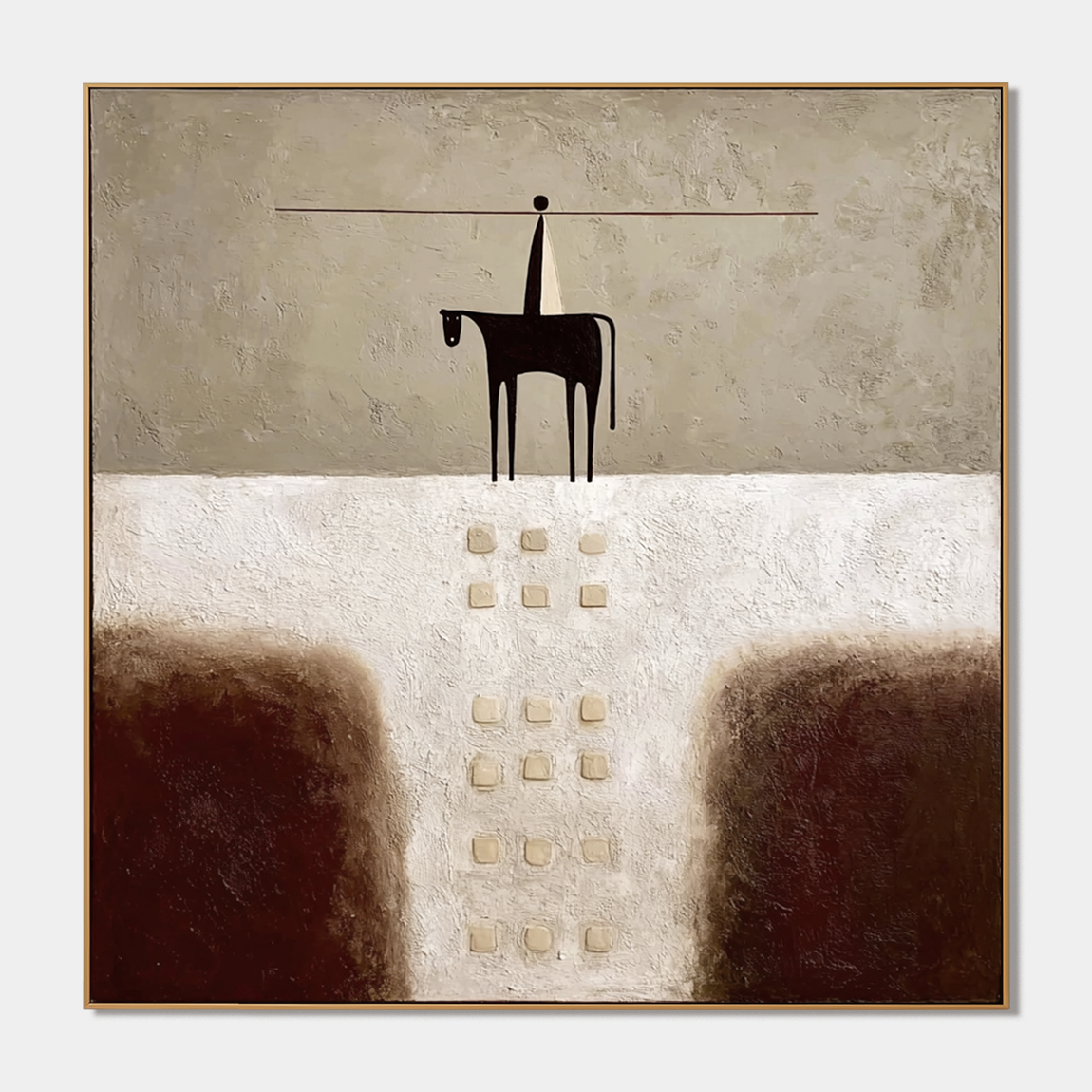 Textured abstract horse wall art with rider, earthy brown tones, cream background, and raised square details