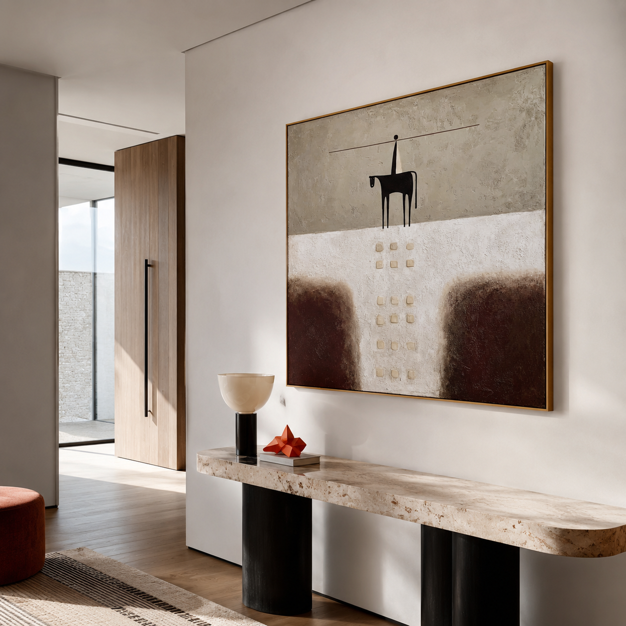 Textured abstract horse wall art with rider, earthy brown tones, cream background, and raised square details