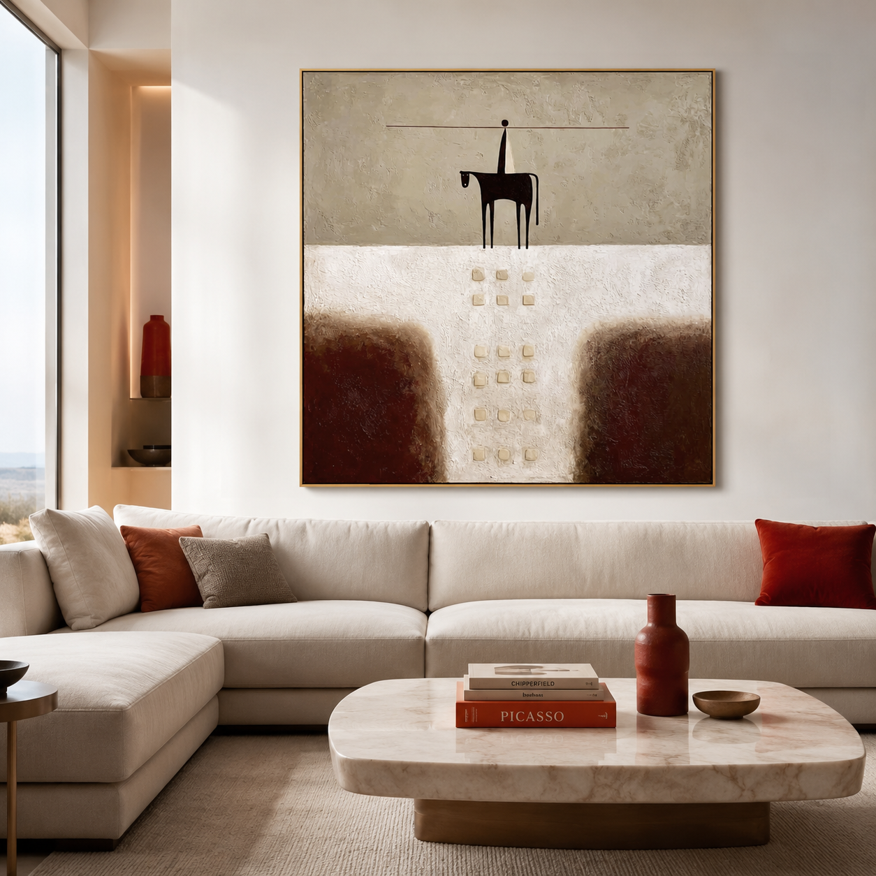 Textured abstract horse wall art with rider, earthy brown tones, cream background, and raised square details