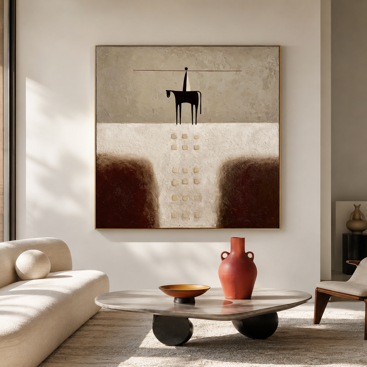 Textured abstract horse wall art with rider, earthy brown tones, cream background, and raised square details