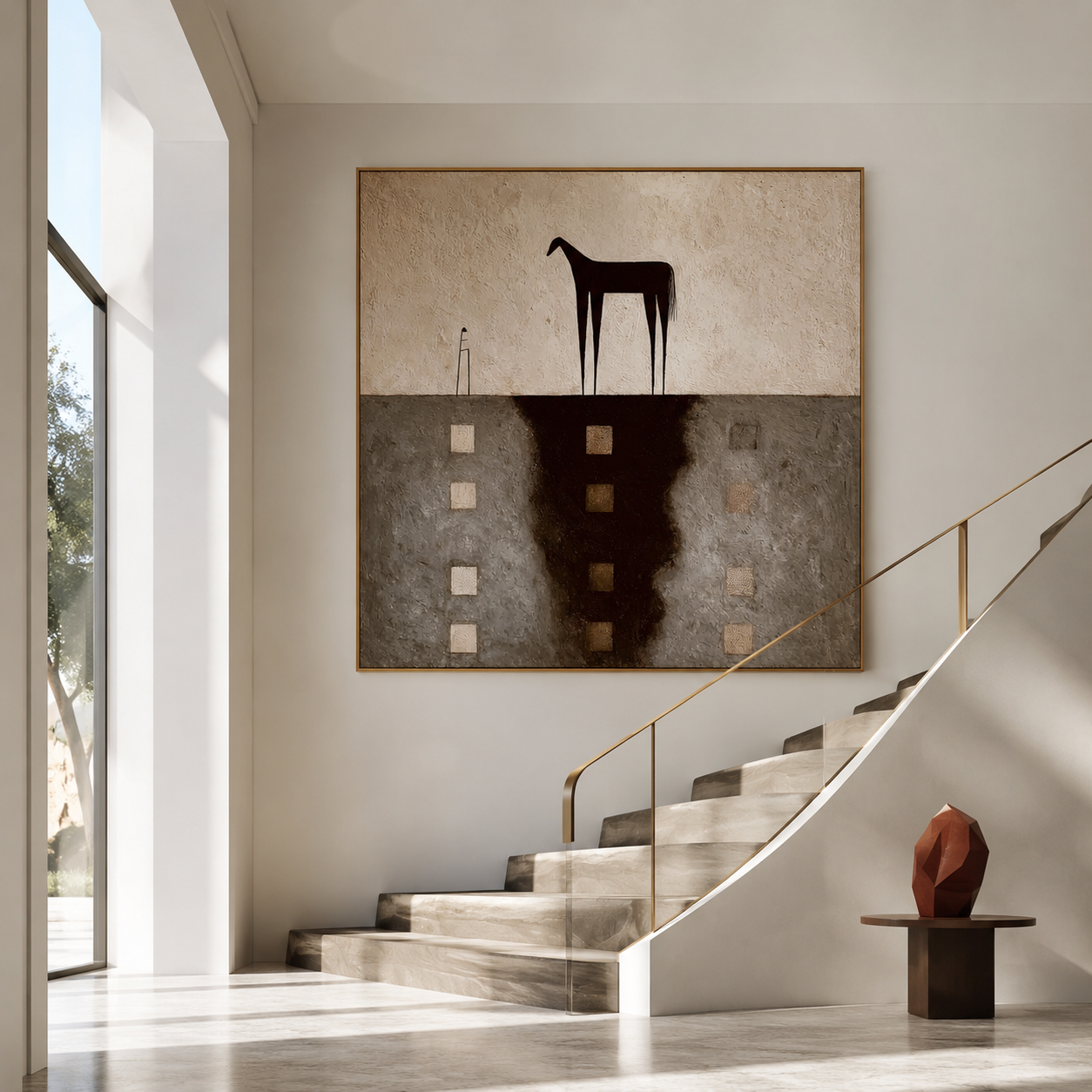 Textured abstract horse wall art with dark horse silhouette, neutral gray beige background, and raised square details