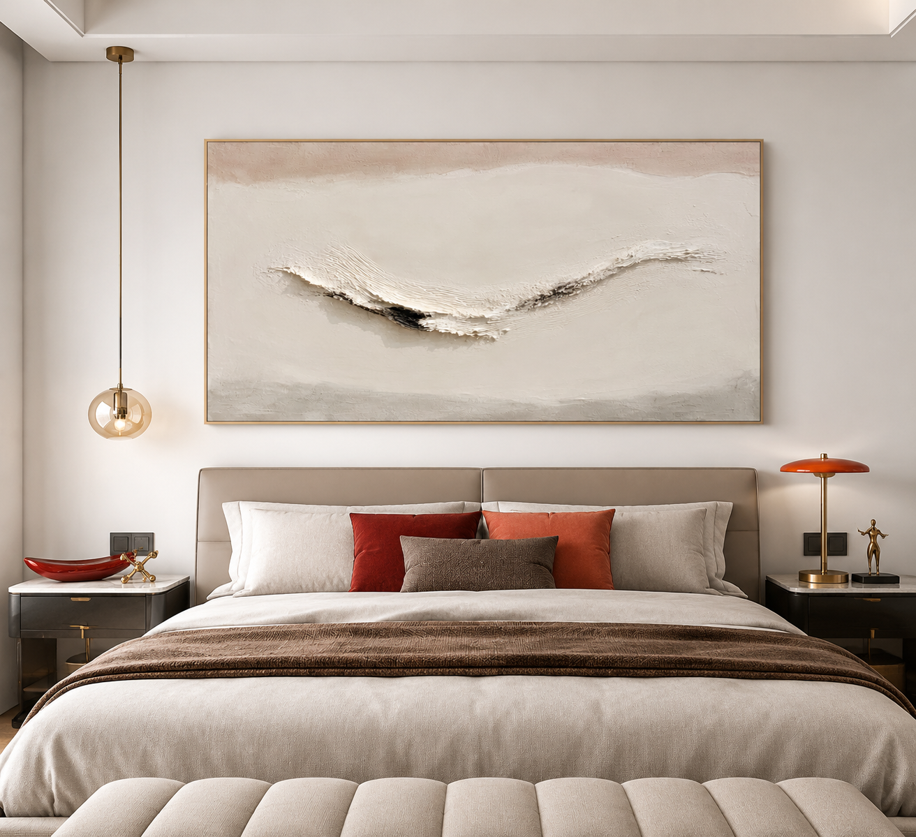 Neutral textured abstract wall art in beige cream and gray tones with raised hand-painted wave texture