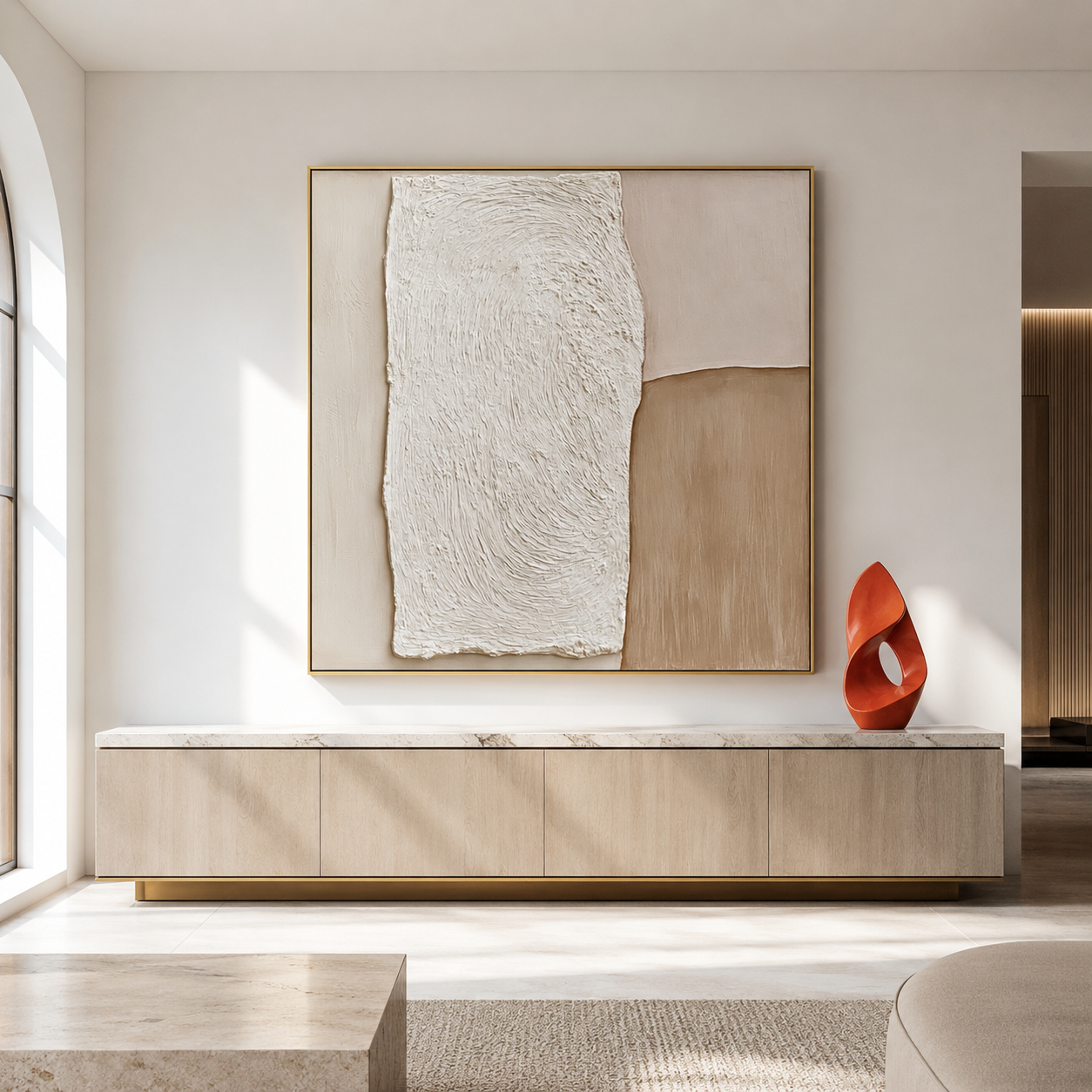 Neutral textured abstract wall art with raised white plaster texture, beige and taupe color blocks