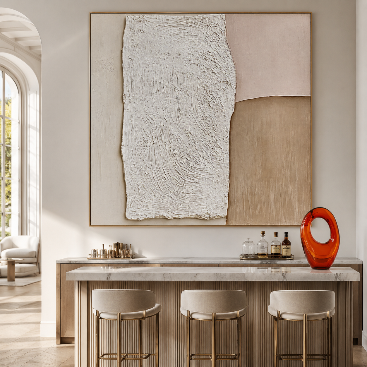 Neutral textured abstract wall art with raised white plaster texture, beige and taupe color blocks