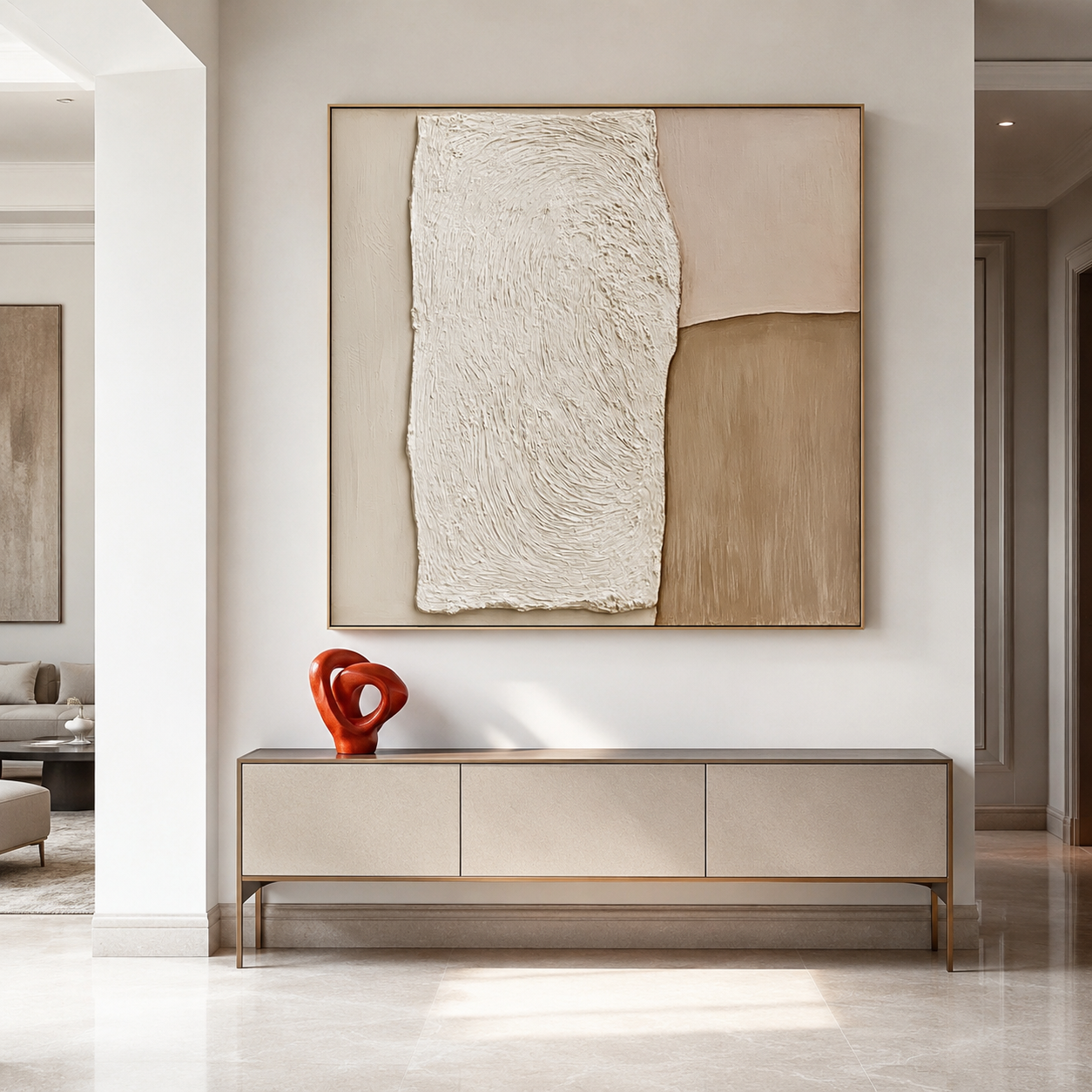 Neutral textured abstract wall art with raised white plaster texture, beige and taupe color blocks