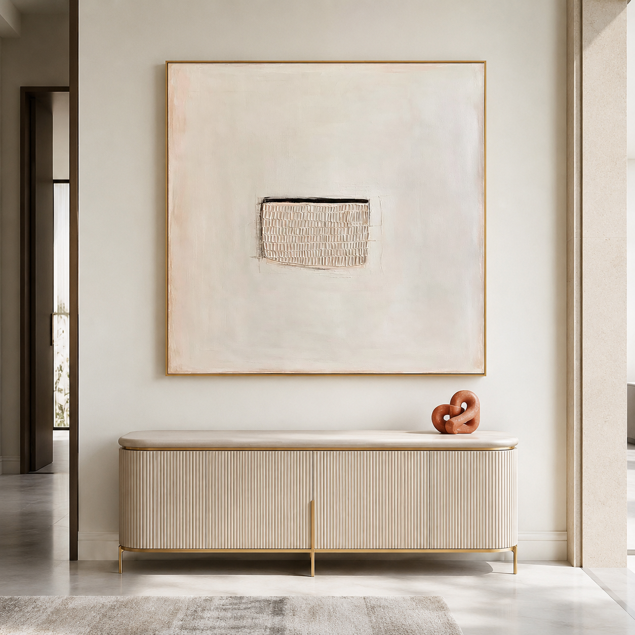 Minimalist neutral textured abstract wall art with central plaster block detail on soft cream background