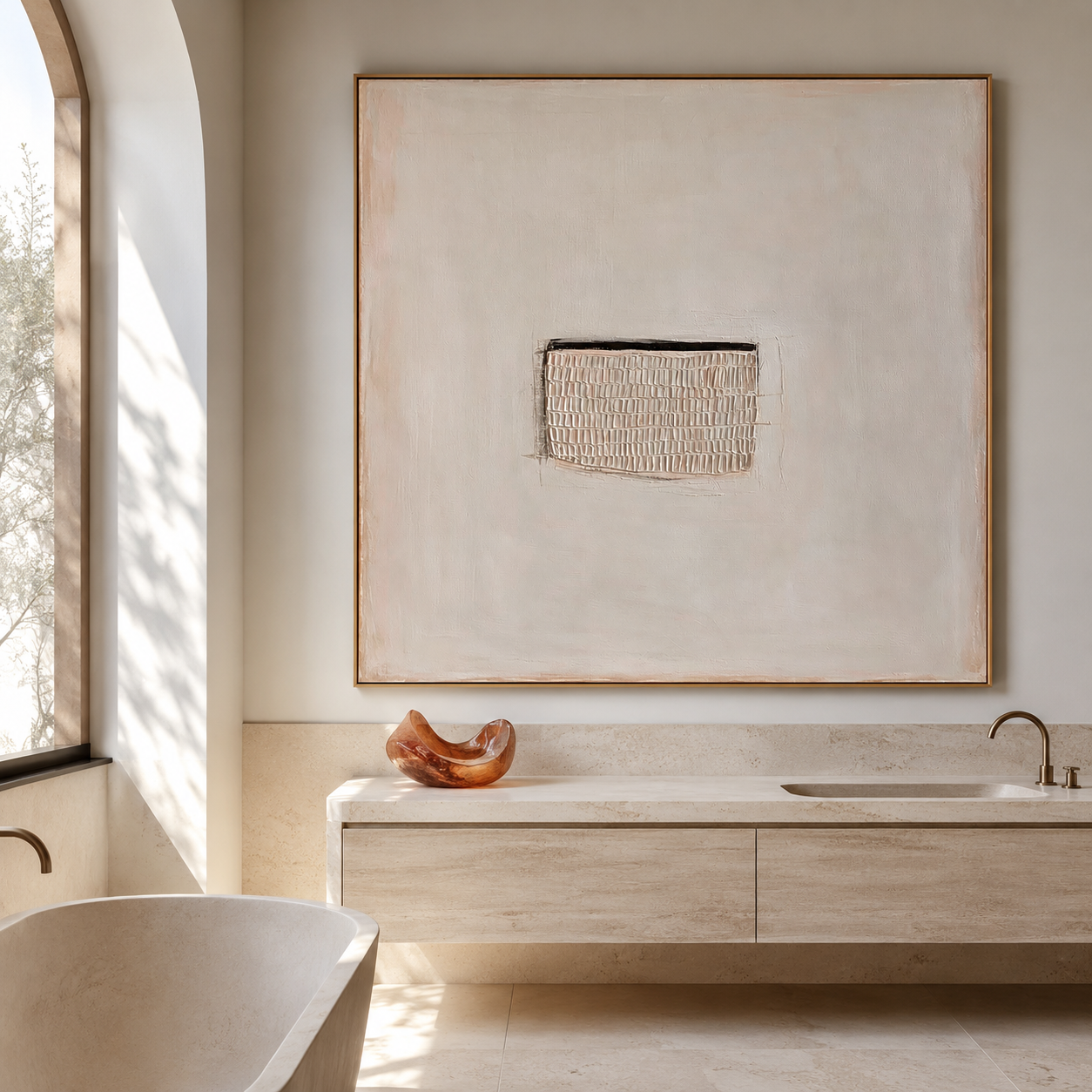 Minimalist neutral textured abstract wall art with central plaster block detail on soft cream background