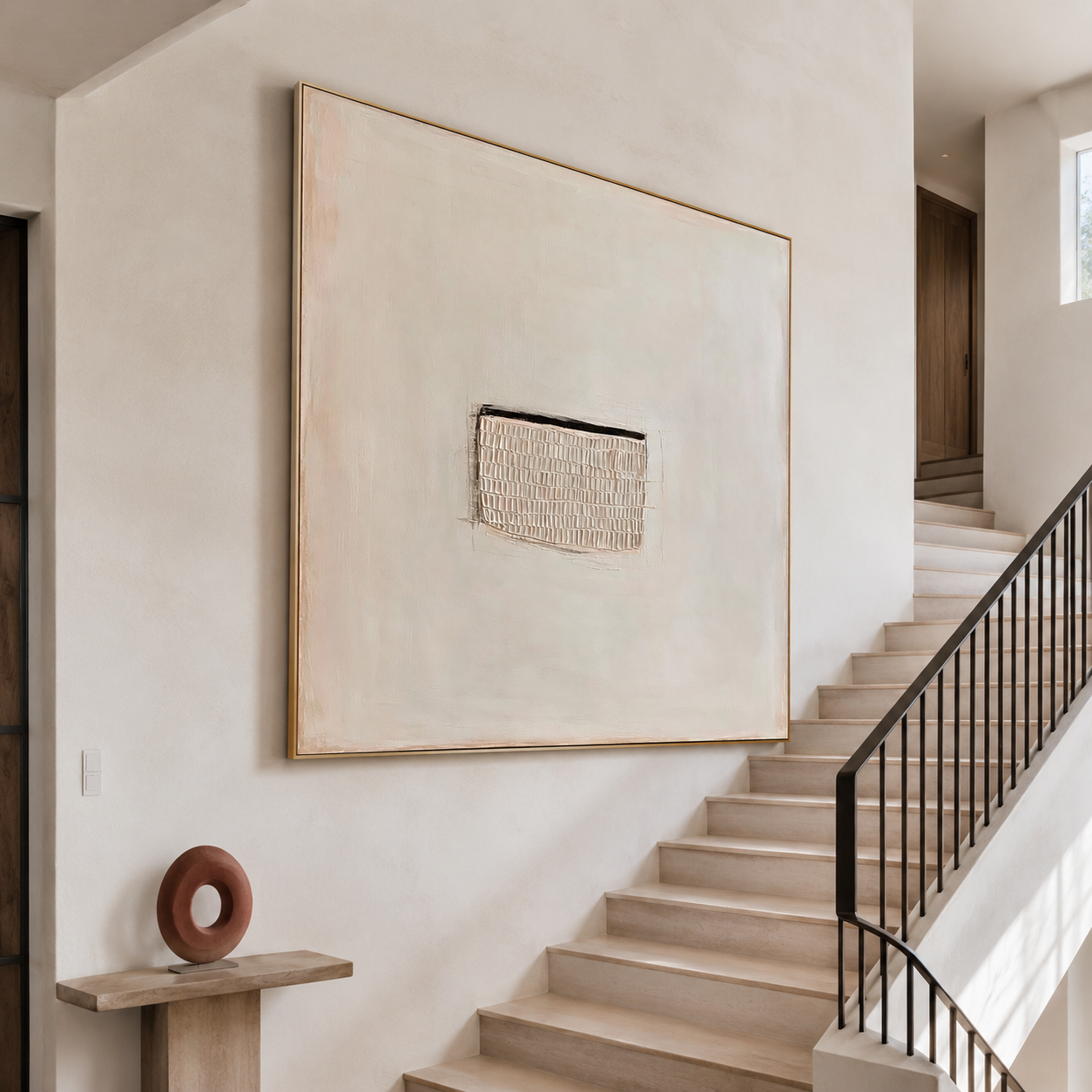 Minimalist neutral textured abstract wall art with central plaster block detail on soft cream background
