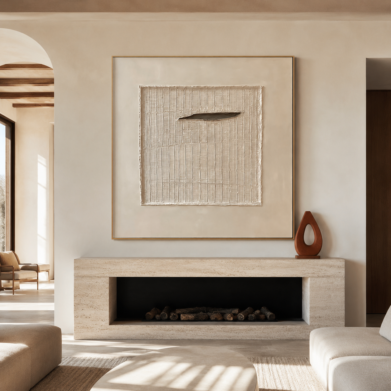 Neutral textured abstract wall art with cream background and raised central panel detail