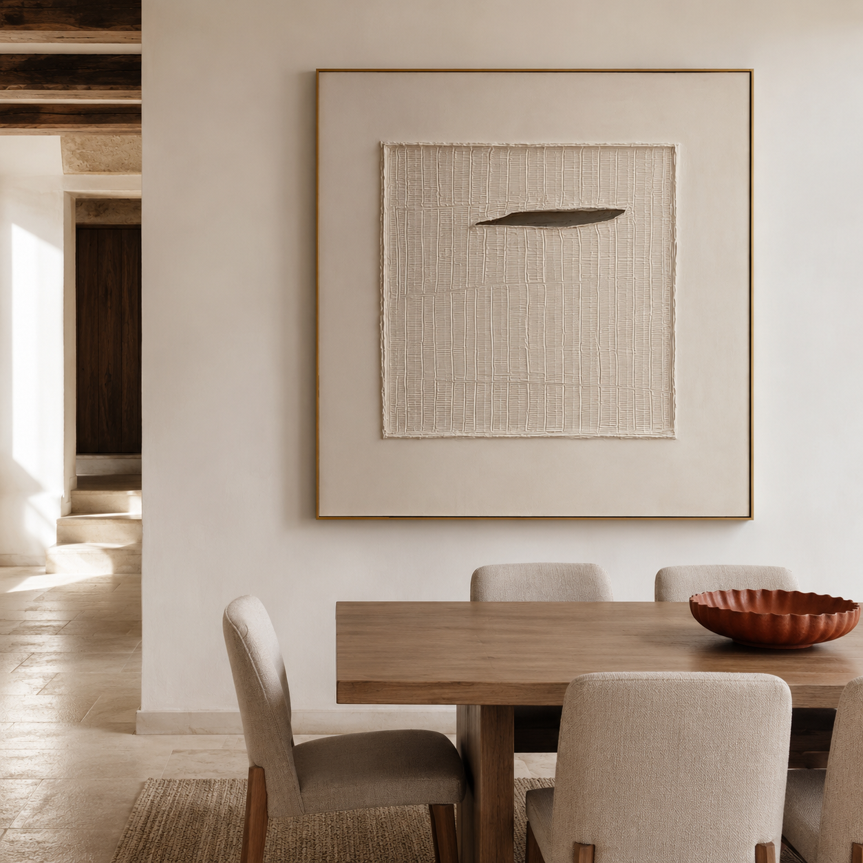 Neutral textured abstract wall art with cream background and raised central panel detail