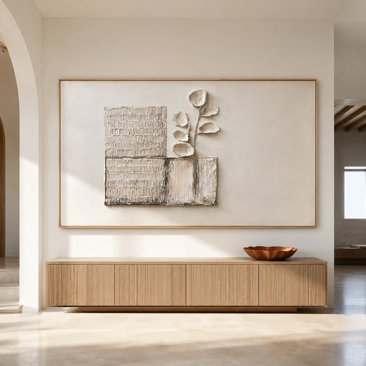 Textured botanical abstract wall art with raised branch leaves, neutral cream beige background, and woven rectangle panels