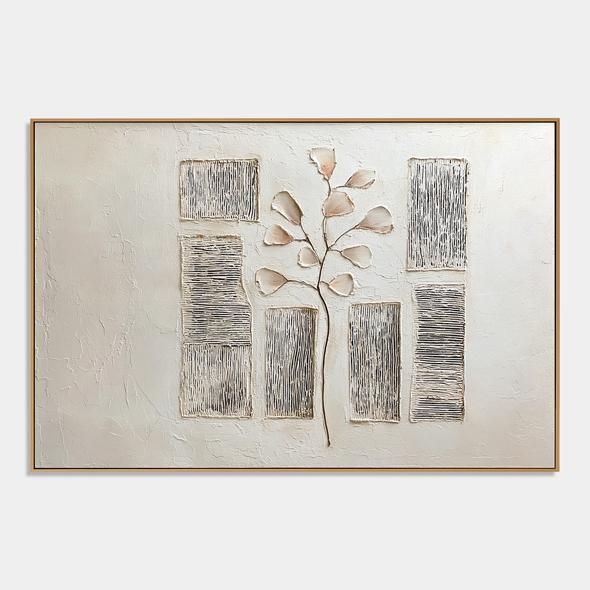 Textured botanical abstract wall art with raised branch leaves, neutral cream beige background, and vertical line panels