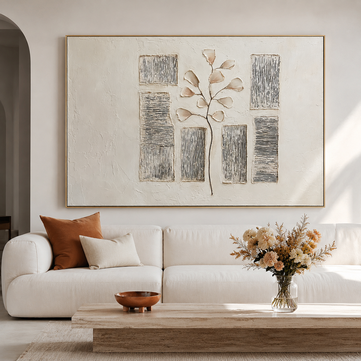 Textured botanical abstract wall art with raised branch leaves, neutral cream beige background, and vertical line panels