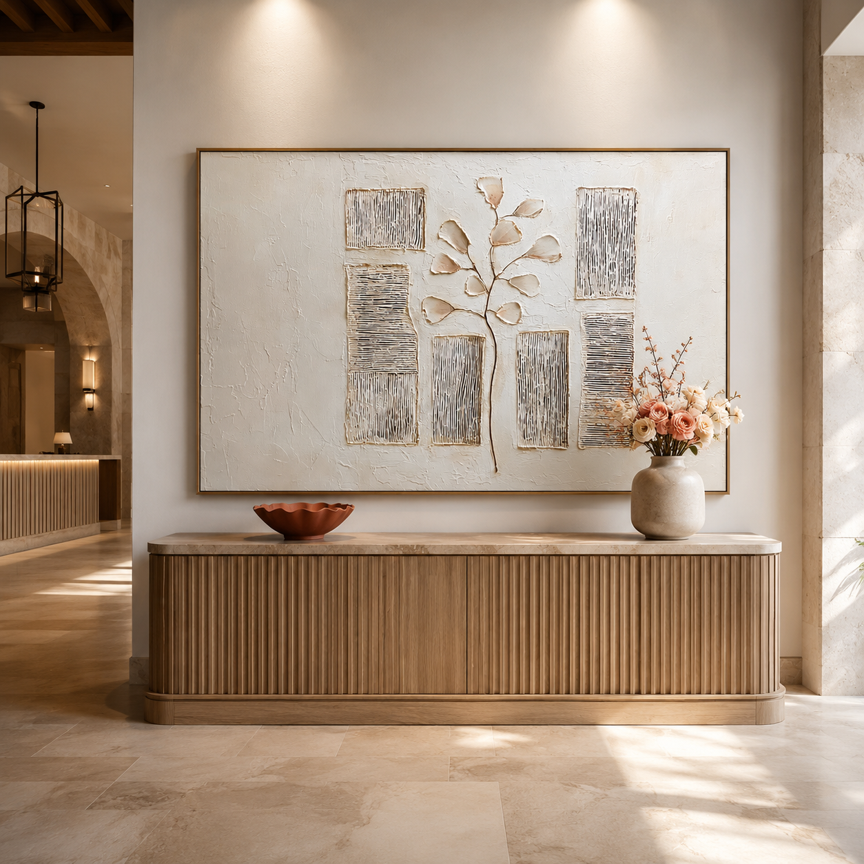 Textured botanical abstract wall art with raised branch leaves, neutral cream beige background, and vertical line panels