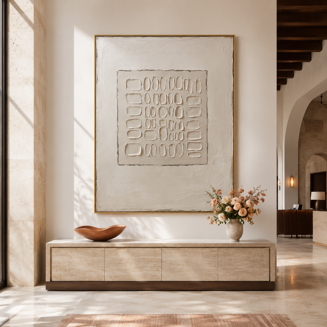 Minimalist textured abstract wall art with raised grid pattern in cream beige and warm white tones