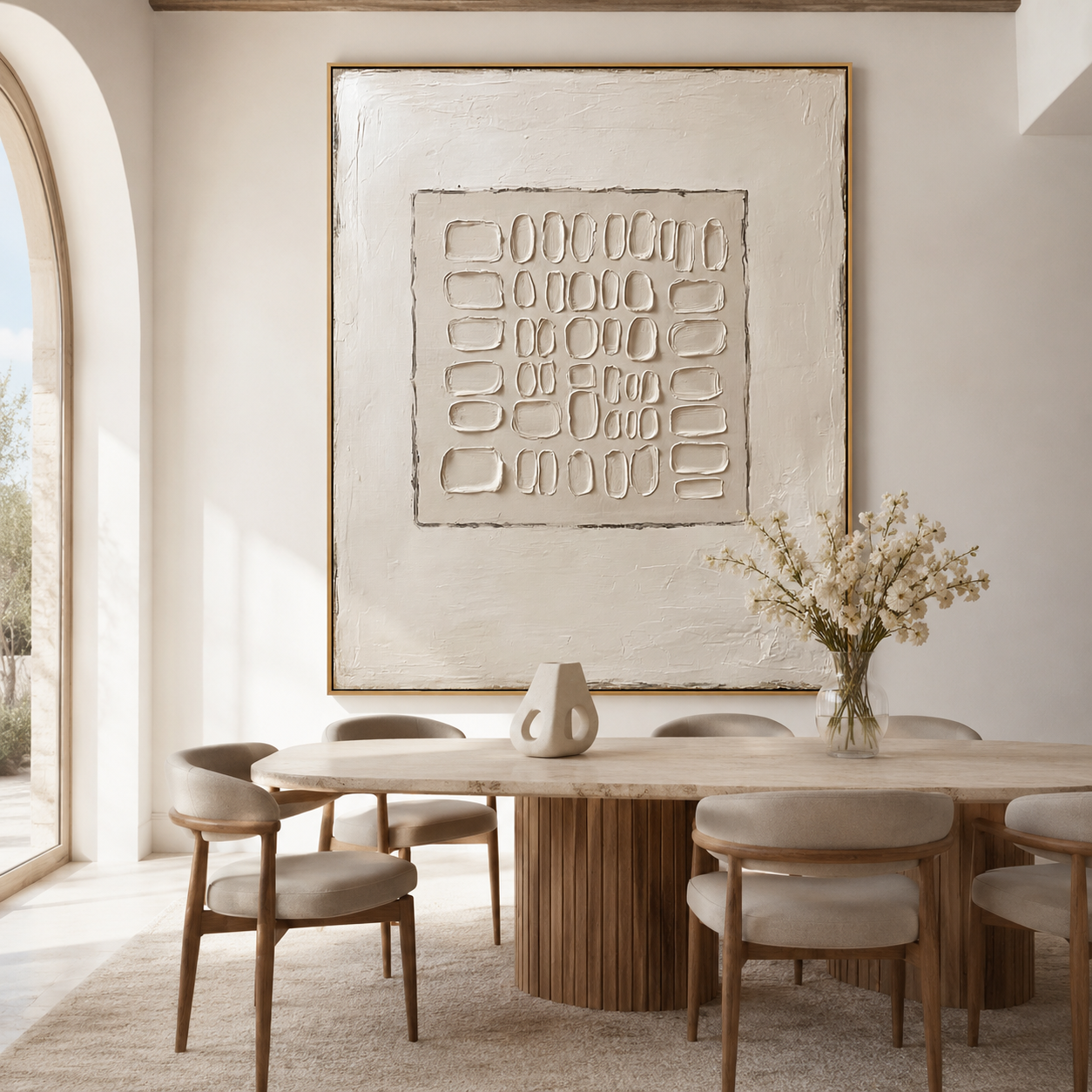 Minimalist textured abstract wall art with raised grid pattern in cream beige and warm white tones