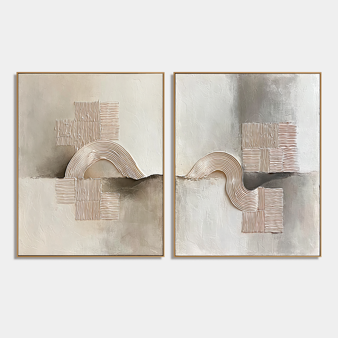 Two piece textured abstract wall art set with raised curved lines, square patterns, and neutral beige gray tones