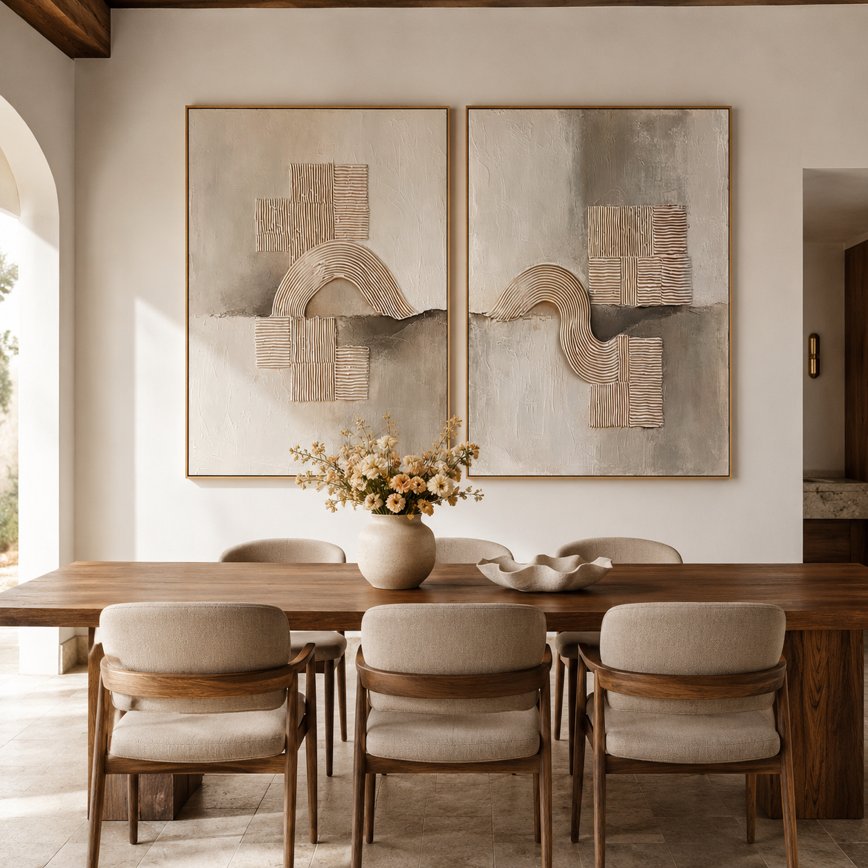 Two piece textured abstract wall art set with raised curved lines, square patterns, and neutral beige gray tones