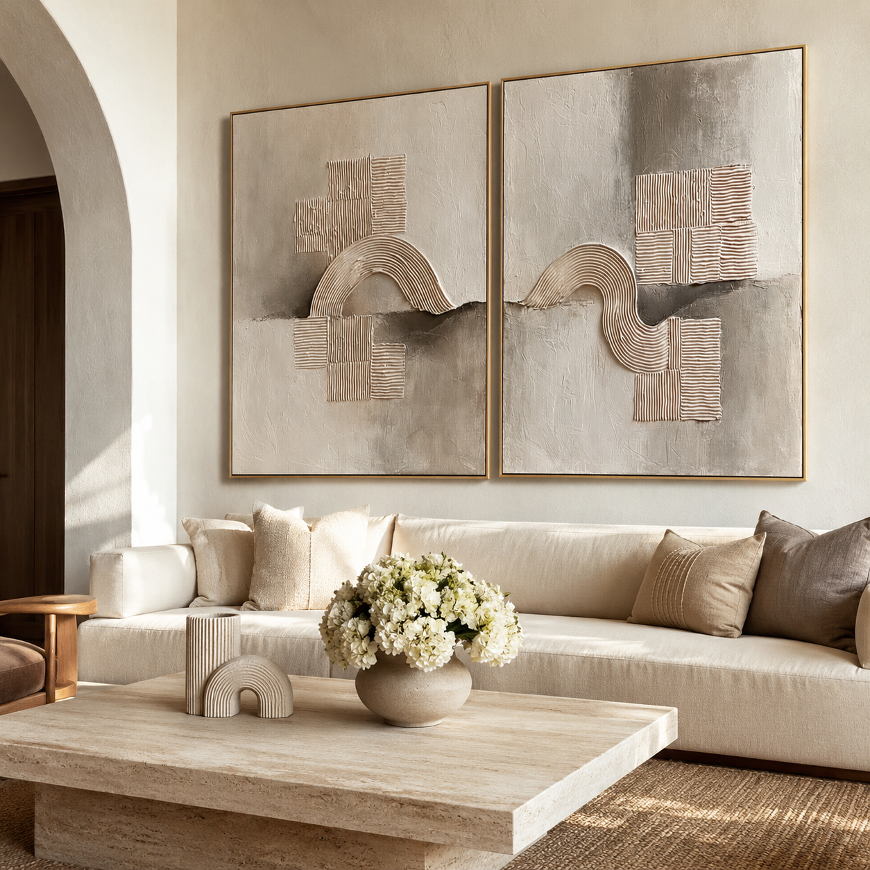 Two piece textured abstract wall art set with raised curved lines, square patterns, and neutral beige gray tones