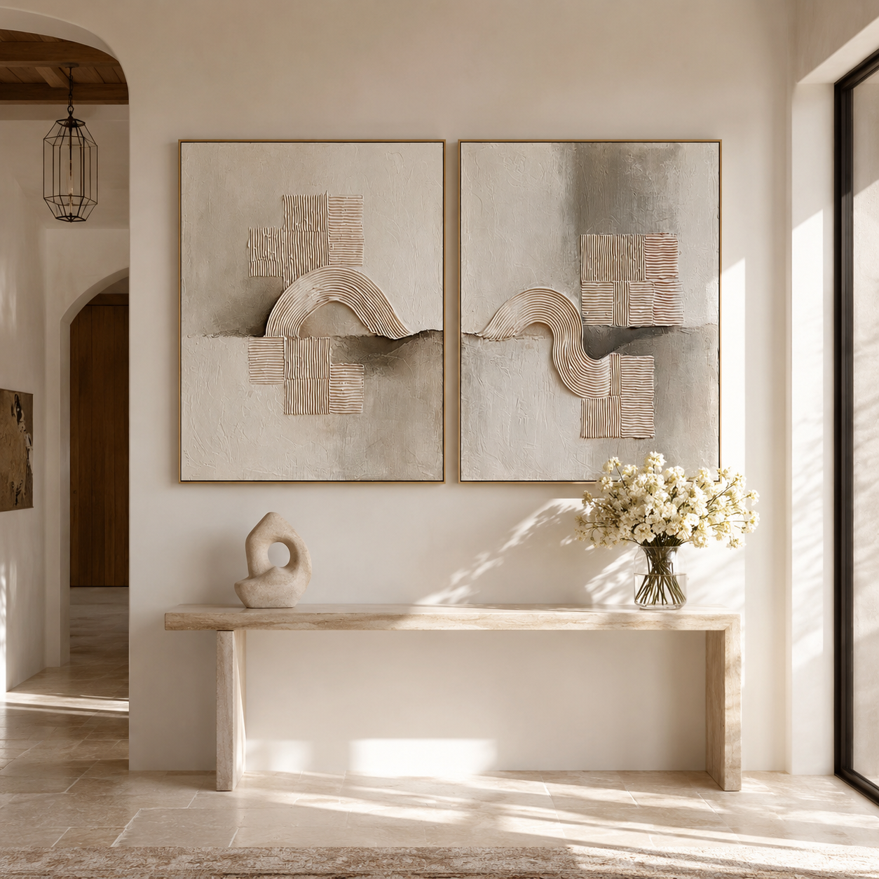 Two piece textured abstract wall art set with raised curved lines, square patterns, and neutral beige gray tones