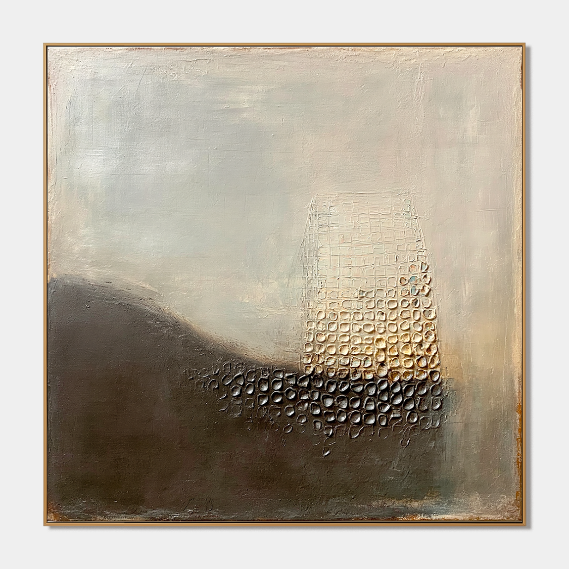 Neutral textured abstract wall art with raised grid texture, gray beige background, dark curved shape, and earthy tones
