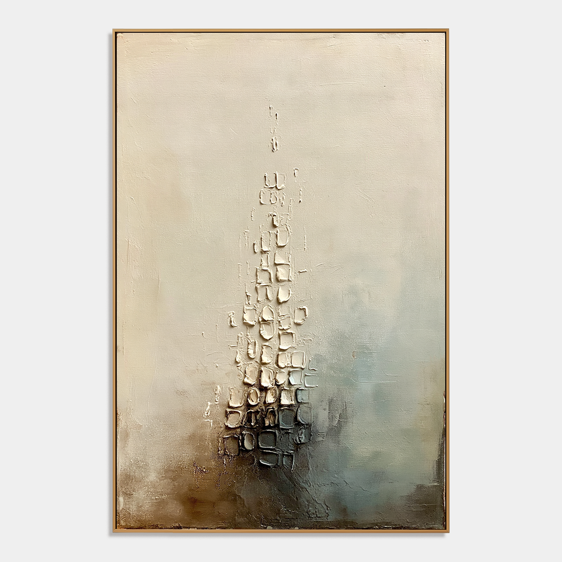 Neutral textured abstract wall art with raised stone-like details in beige gray and soft blue tones