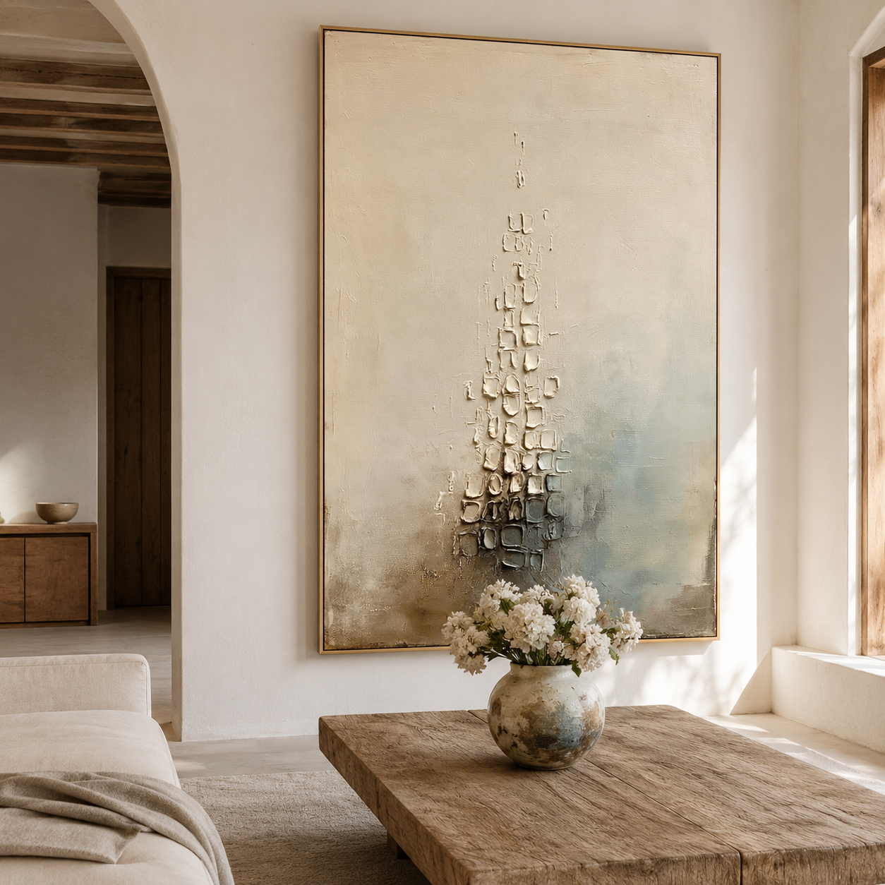Neutral textured abstract wall art with raised stone-like details in beige gray and soft blue tones