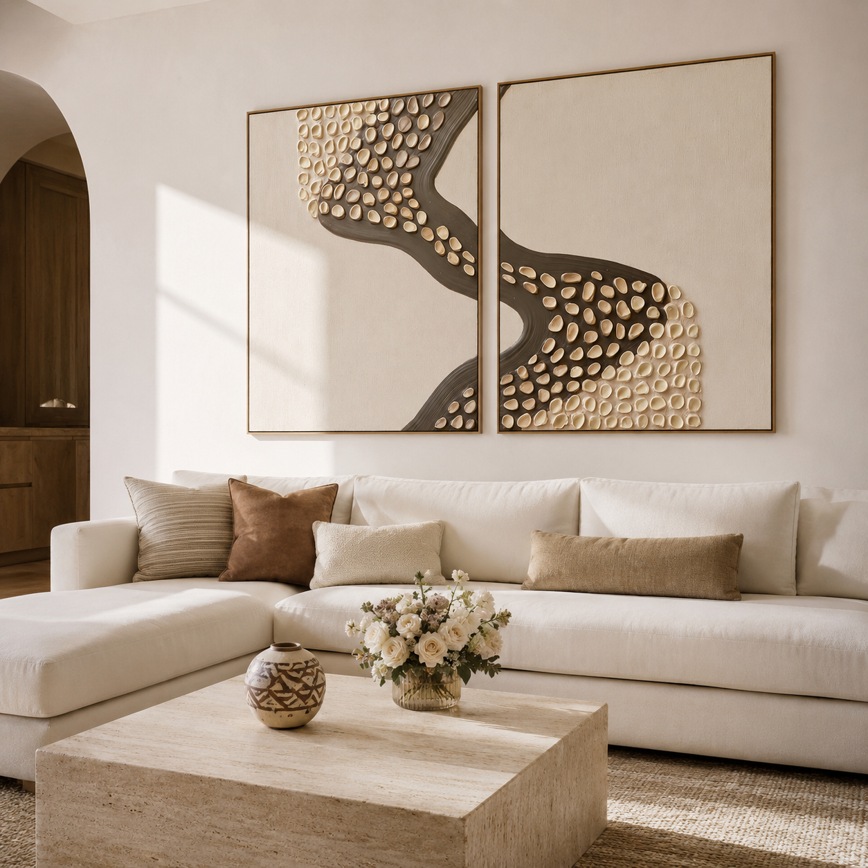 Two piece textured abstract wall art set with raised pebble shapes, dark curved flow, and neutral beige taupe tones