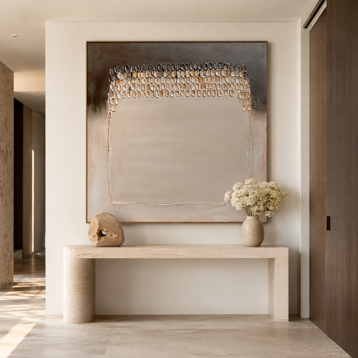 Neutral textured abstract wall art with raised beaded arch details in beige cream brown and charcoal tones