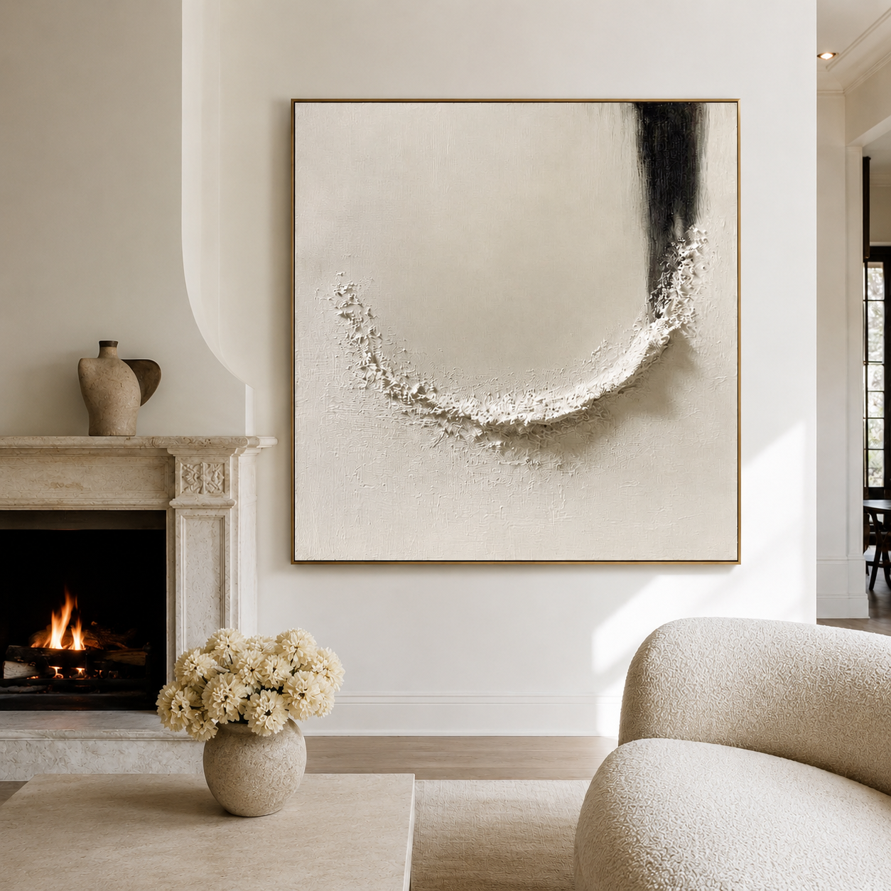 Minimalist textured abstract wall art with raised white curved shape and black brushstroke on neutral beige background