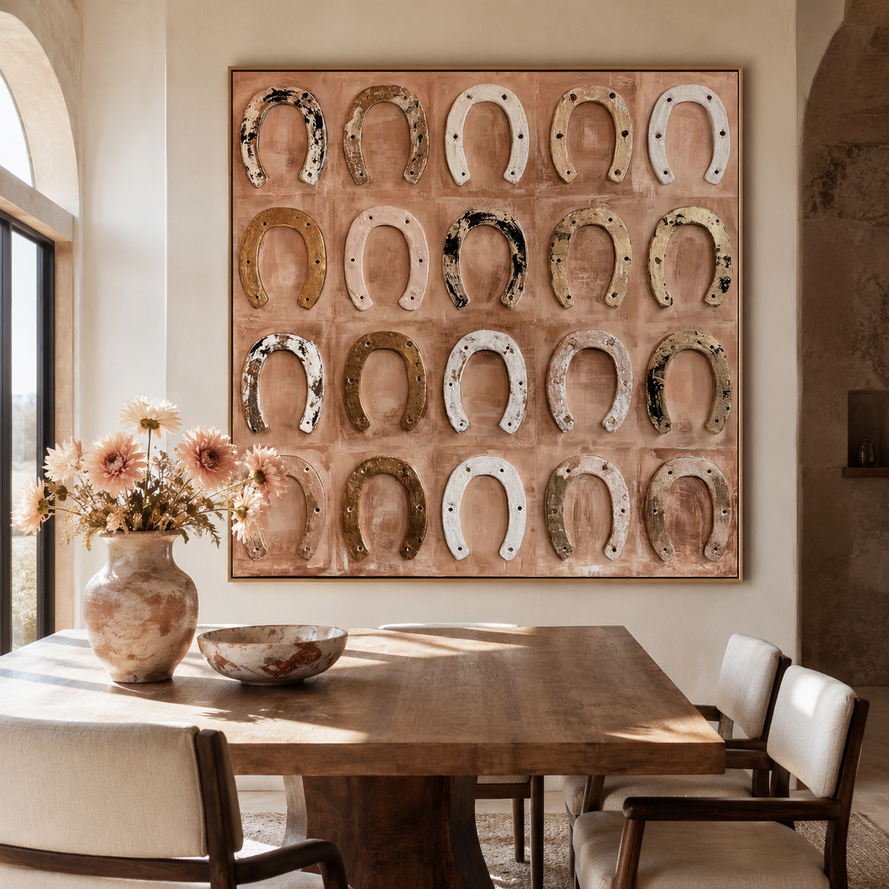 Rustic textured horseshoe wall art with vintage western horseshoes on warm blush beige background