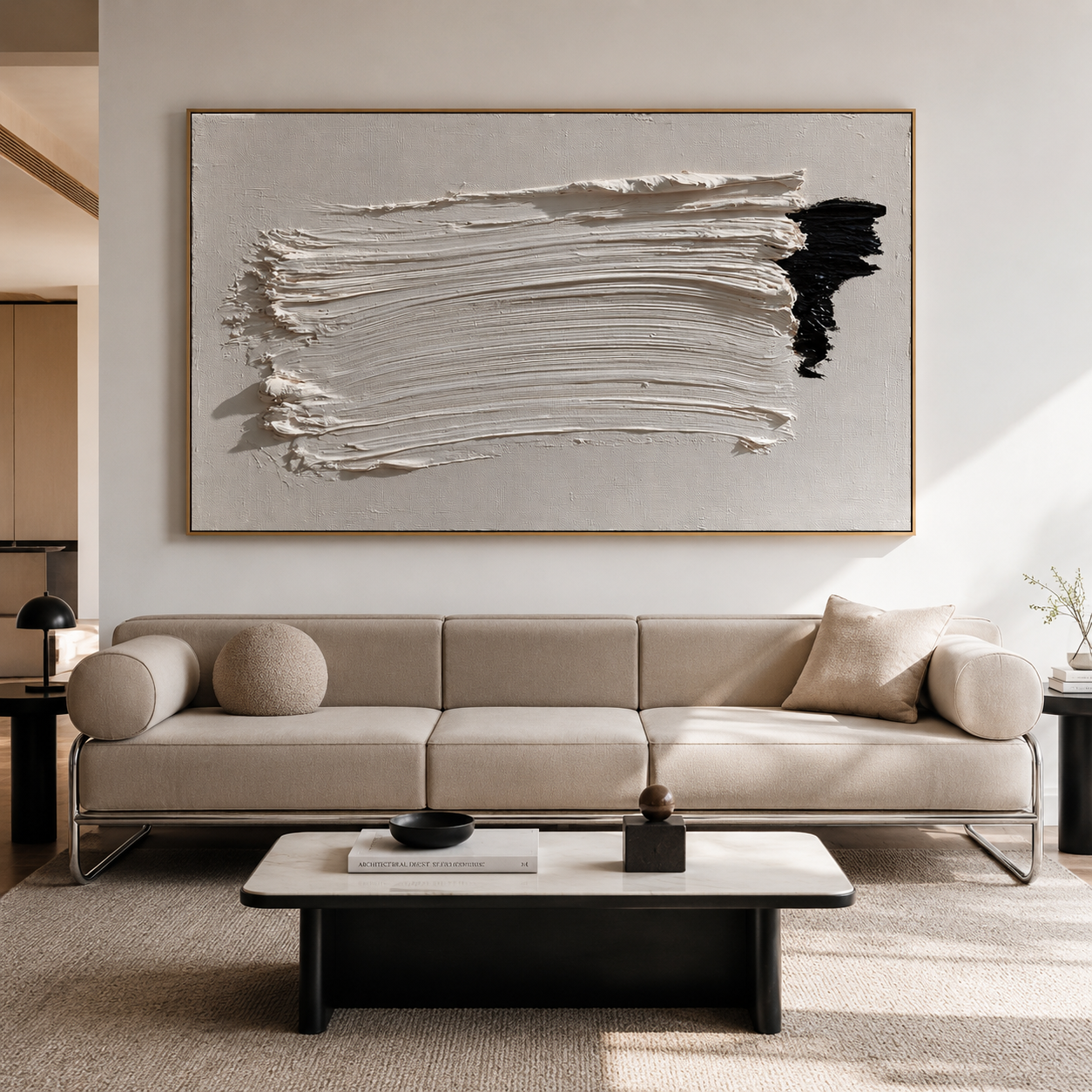 Minimalist textured abstract wall art with thick white brushstroke and black accent on neutral beige gray background