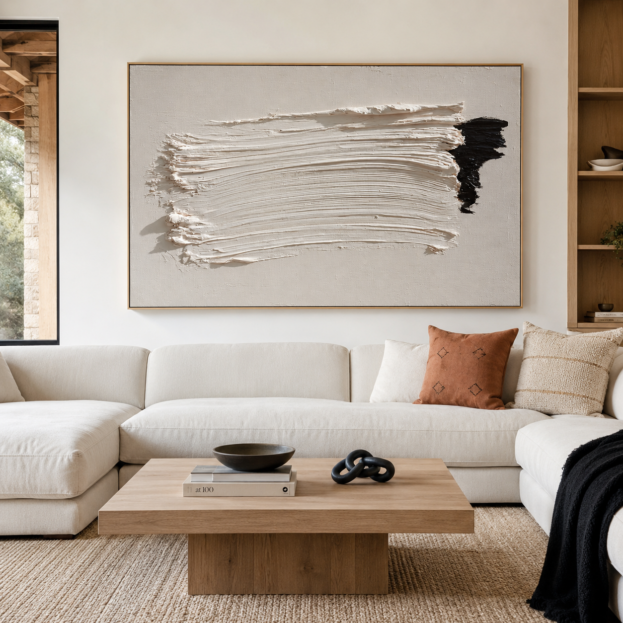 Minimalist textured abstract wall art with thick white brushstroke and black accent on neutral beige gray background