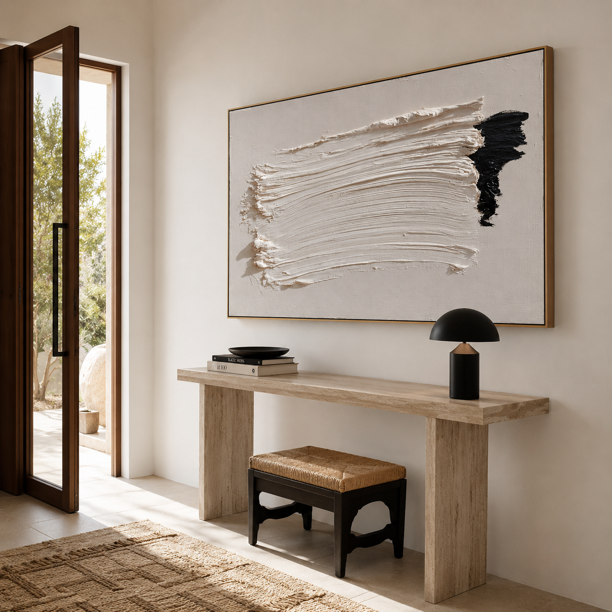 Minimalist textured abstract wall art with thick white brushstroke and black accent on neutral beige gray background