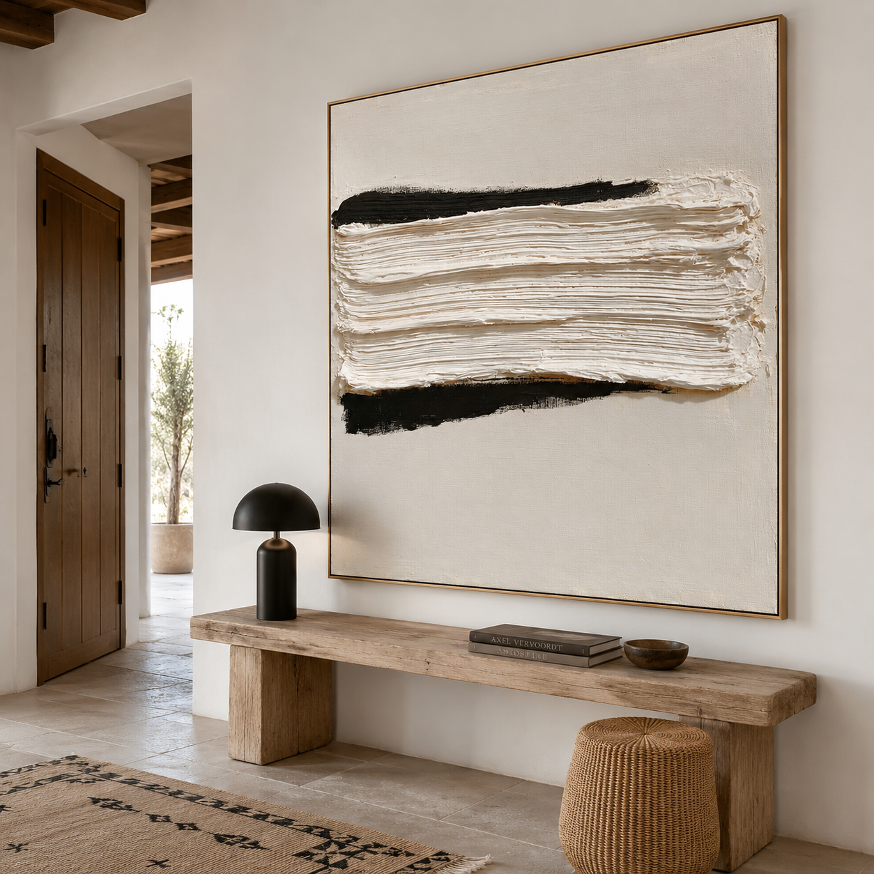 Minimalist textured abstract wall art with thick white layered brushstroke and black accents on a neutral cream background