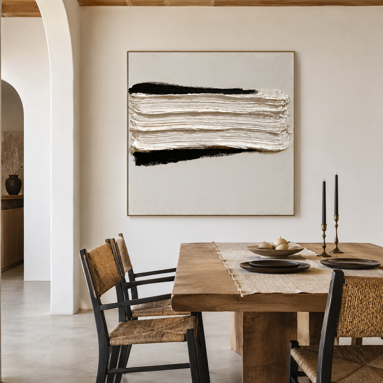 Minimalist textured abstract wall art with thick white layered brushstroke and black accents on a neutral cream background