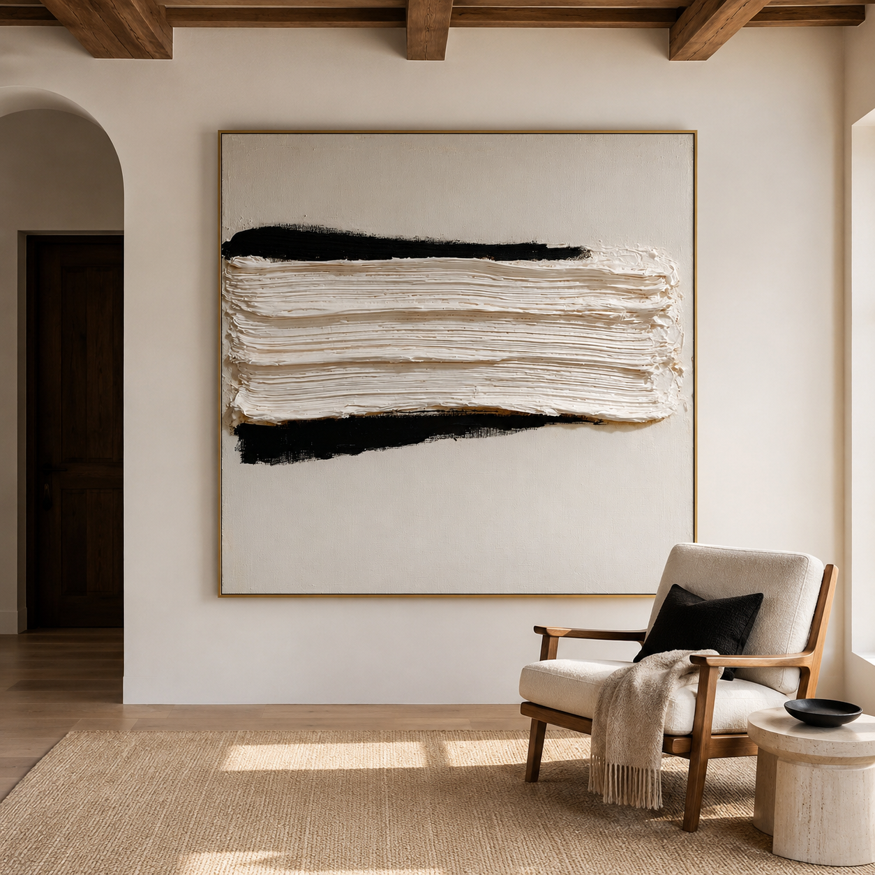Minimalist textured abstract wall art with thick white layered brushstroke and black accents on a neutral cream background