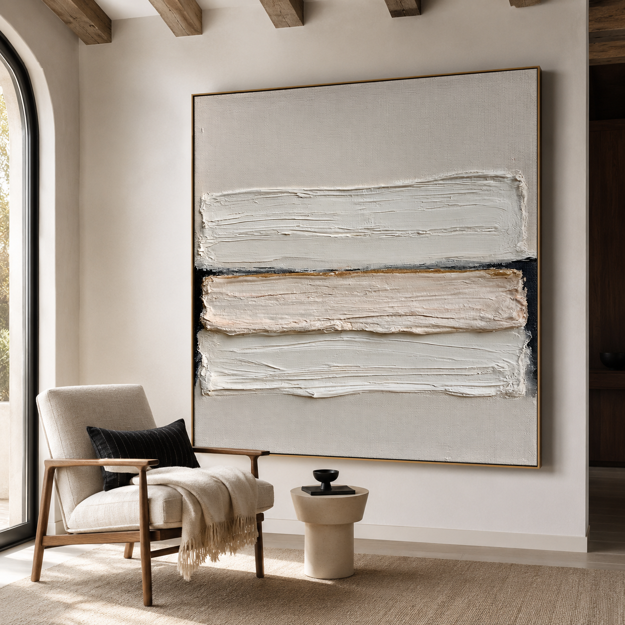 Minimalist textured abstract wall art with layered white brushstrokes, black accents, and warm gold detail on beige background