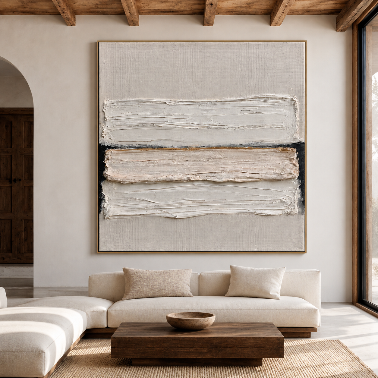 Minimalist textured abstract wall art with layered white brushstrokes, black accents, and warm gold detail on beige background