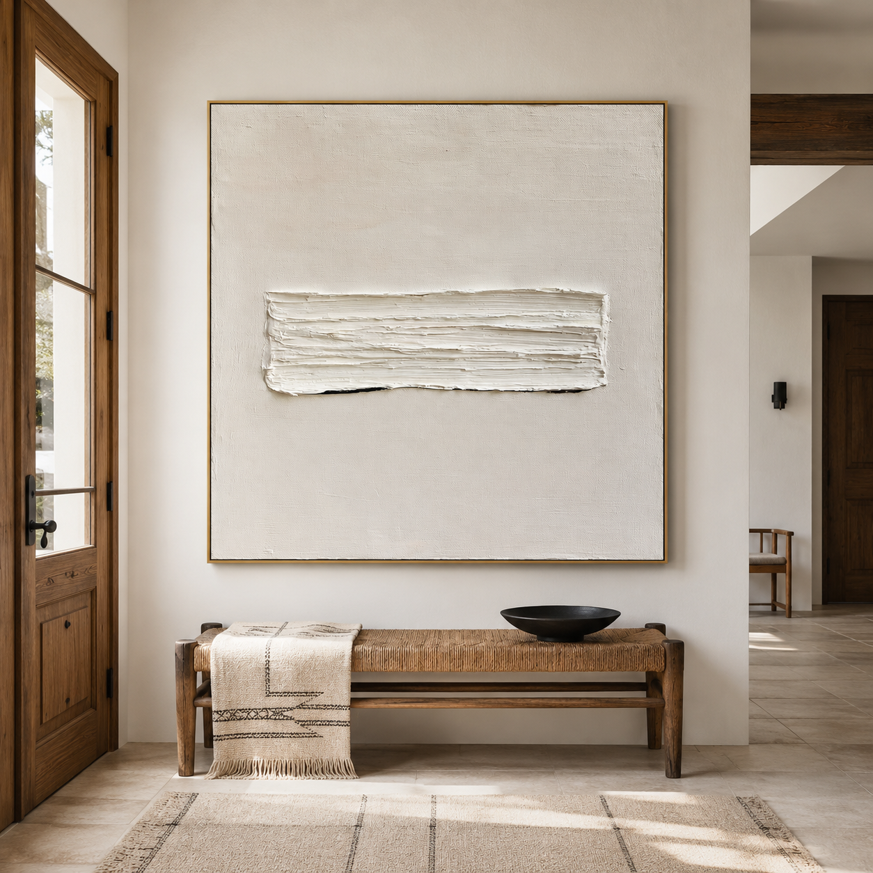 Minimalist textured abstract wall art with raised white horizontal brushstroke on soft neutral cream background