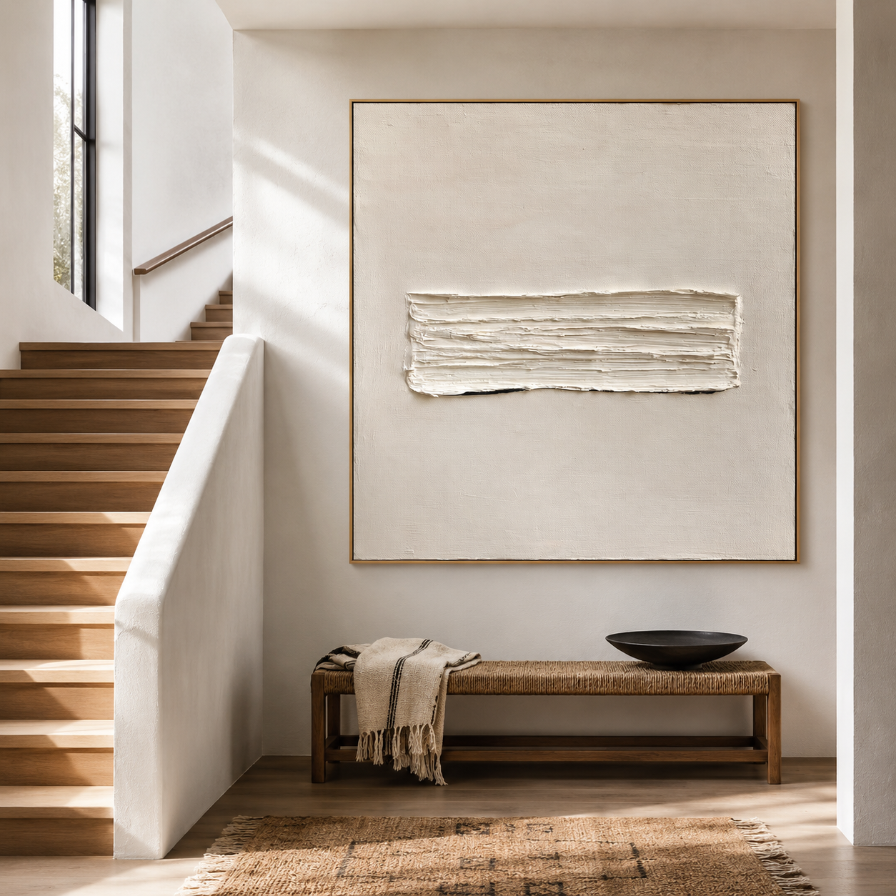 Minimalist textured abstract wall art with raised white horizontal brushstroke on soft neutral cream background