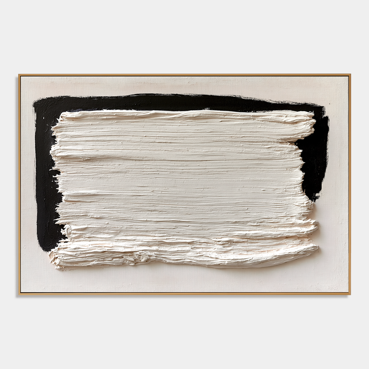 Minimalist textured abstract wall art with thick white brushstroke over black background accents