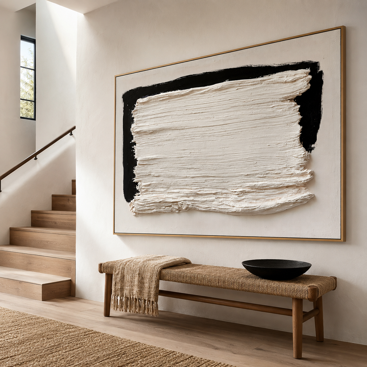 Minimalist textured abstract wall art with thick white brushstroke over black background accents