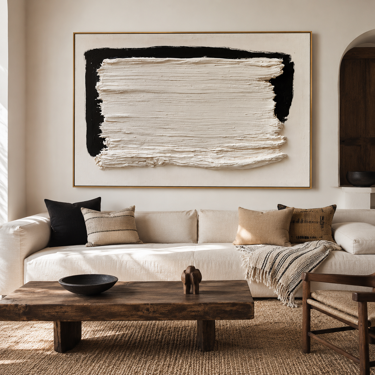 Minimalist textured abstract wall art with thick white brushstroke over black background accents