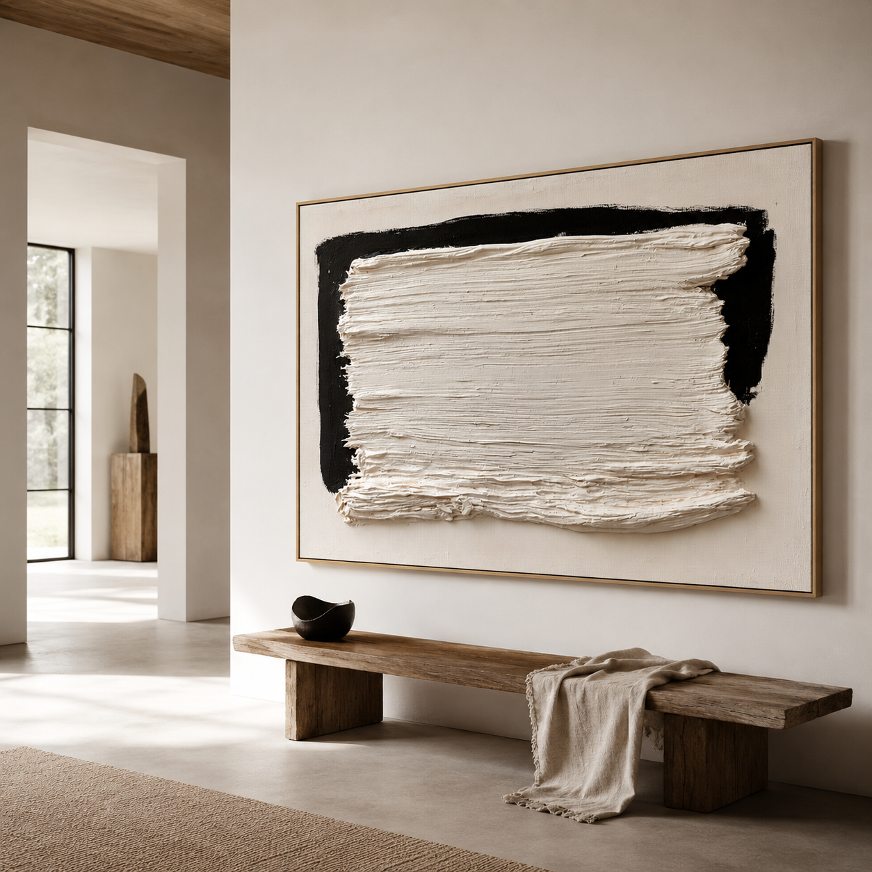 Minimalist textured abstract wall art with thick white brushstroke over black background accents