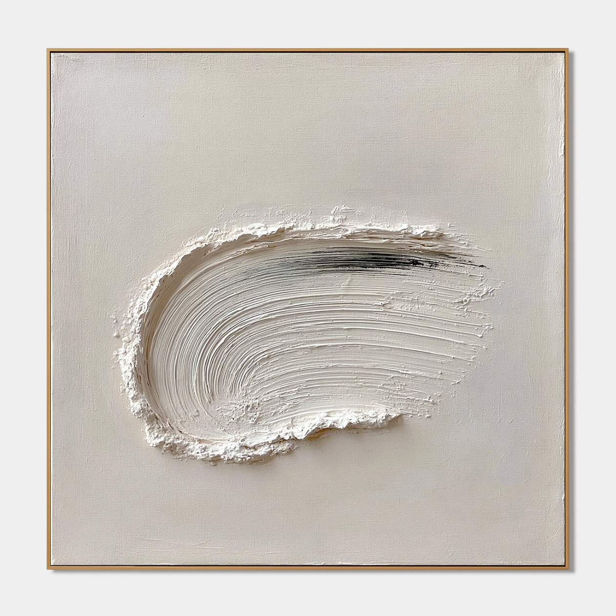 Minimalist textured abstract wall art with raised curved white brushstroke and black accent on neutral cream background