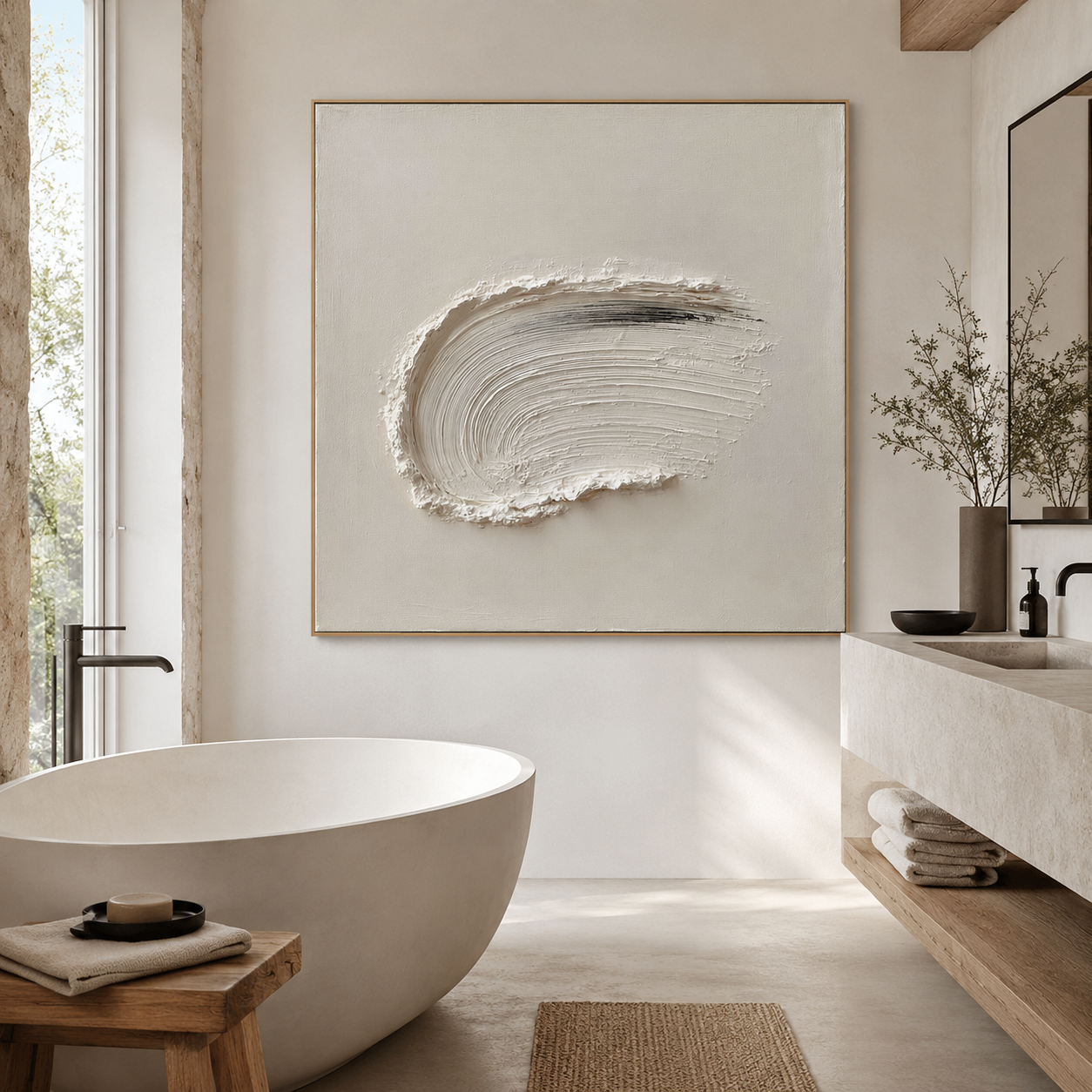 Minimalist textured abstract wall art with raised curved white brushstroke and black accent on neutral cream background