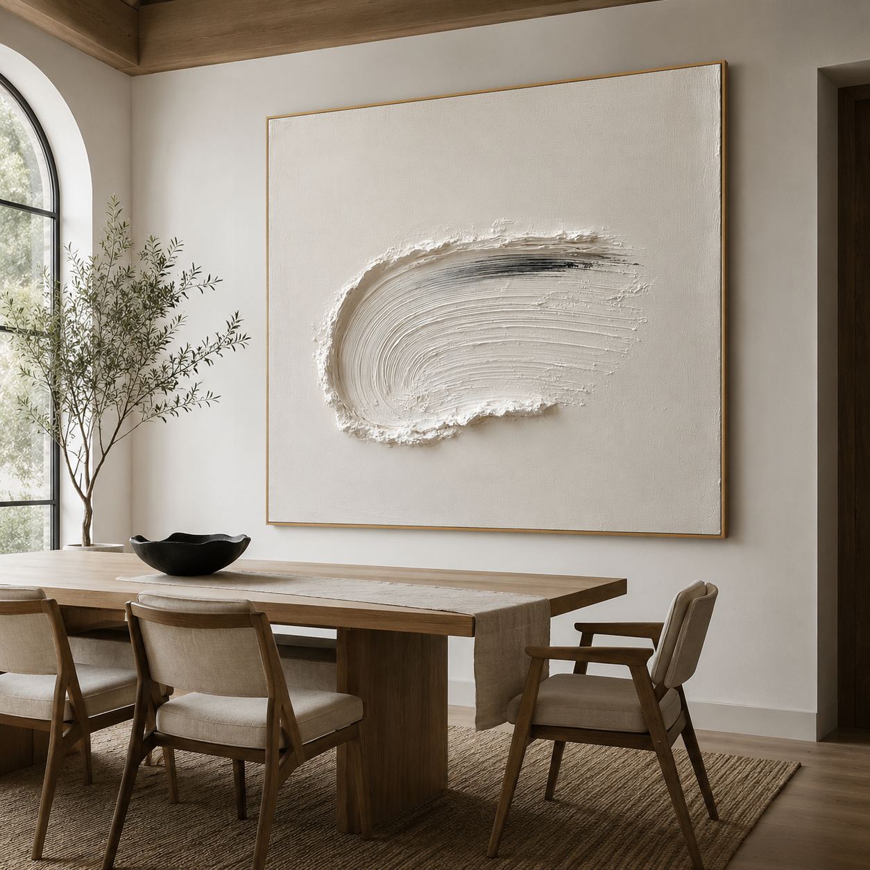 Minimalist textured abstract wall art with raised curved white brushstroke and black accent on neutral cream background